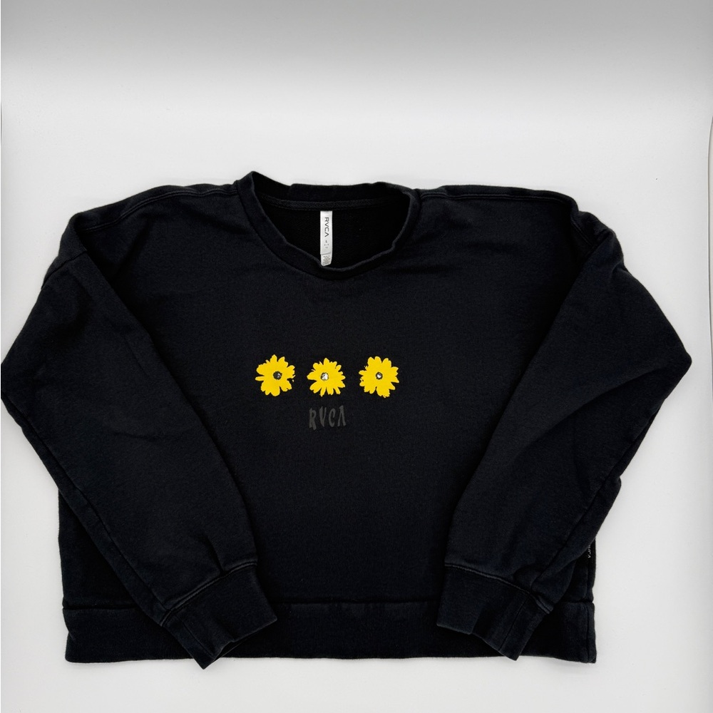 RVCA Wildflower Sweatshirt Black Daisy Floral Graphic Crewneck Girl Crop Large